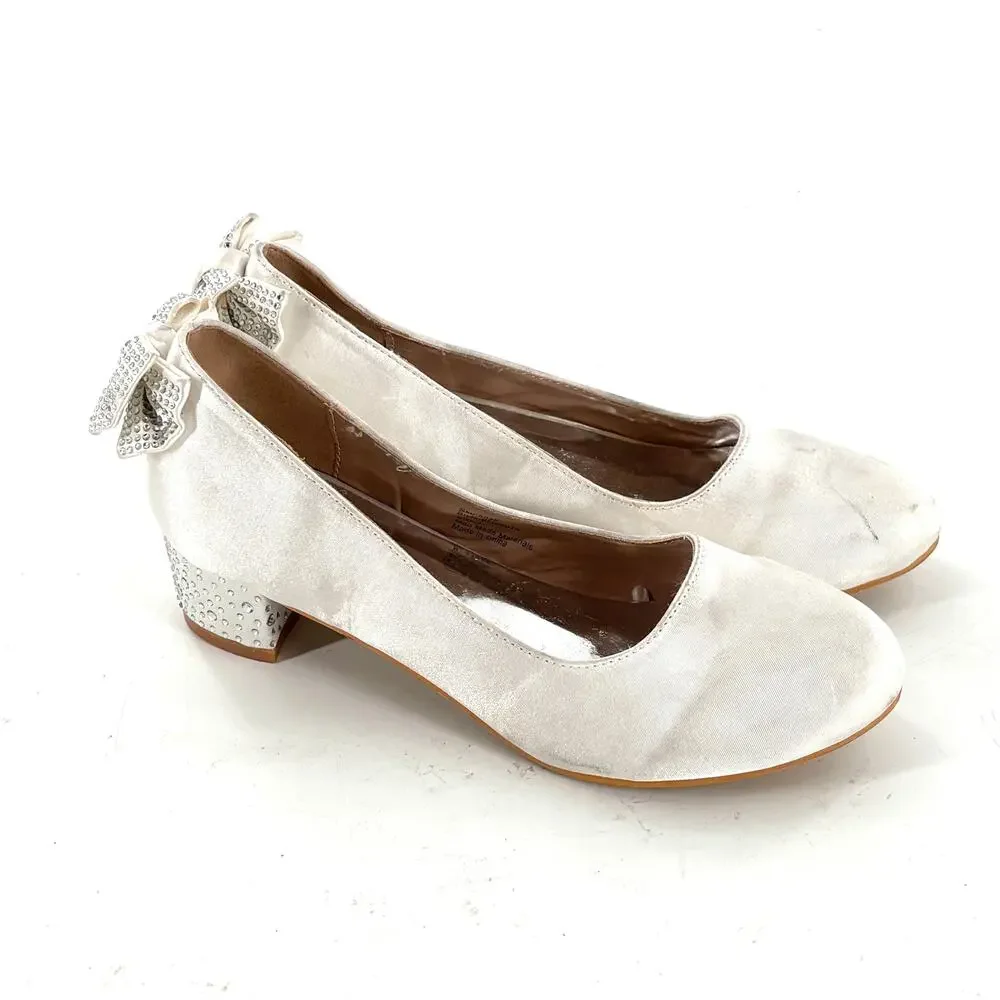Badgley Mischka Girls Sparkle Heel Dress Shoes 4 White Satin Wedding Jewel